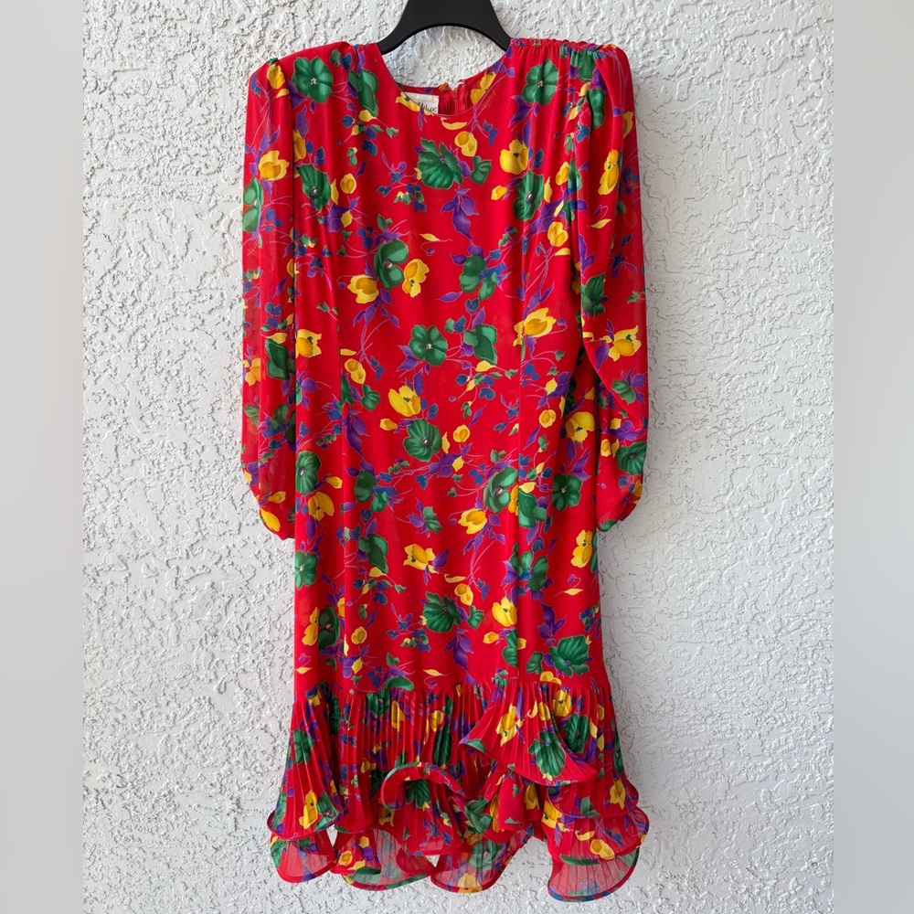 Vintage Frank Usher Chiffon Floral Red Dress size 12